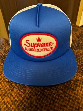Supreme Blue and White Authorized Mesh Back 5 Panel Trucker Hat